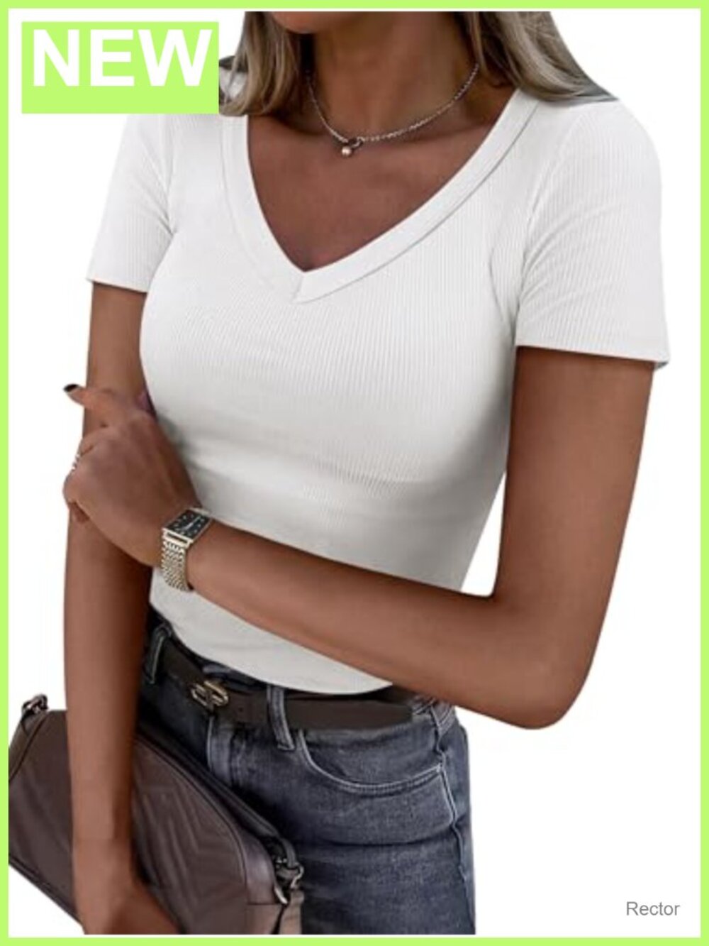 V Neck Short Sleeve Ribbed Knit Tee Slim Fit Basic Top for Work Office Daily
